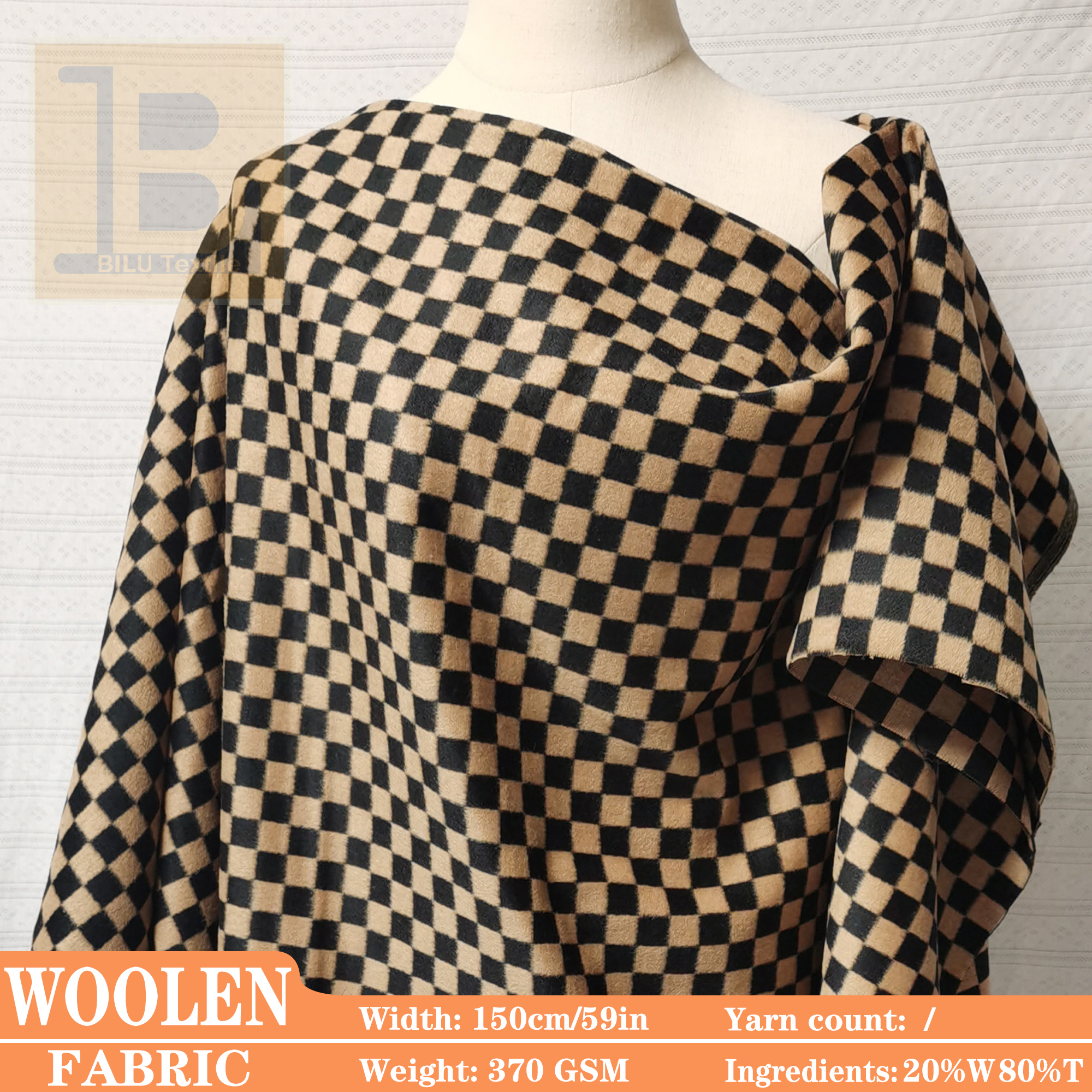 Sewing Tweed Fabric - Classic Checkerboard Woolen Fabric, for Coat